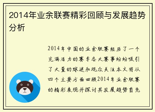 2014年业余联赛精彩回顾与发展趋势分析