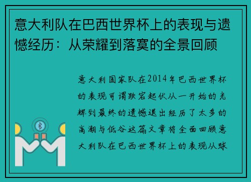 意大利队在巴西世界杯上的表现与遗憾经历：从荣耀到落寞的全景回顾